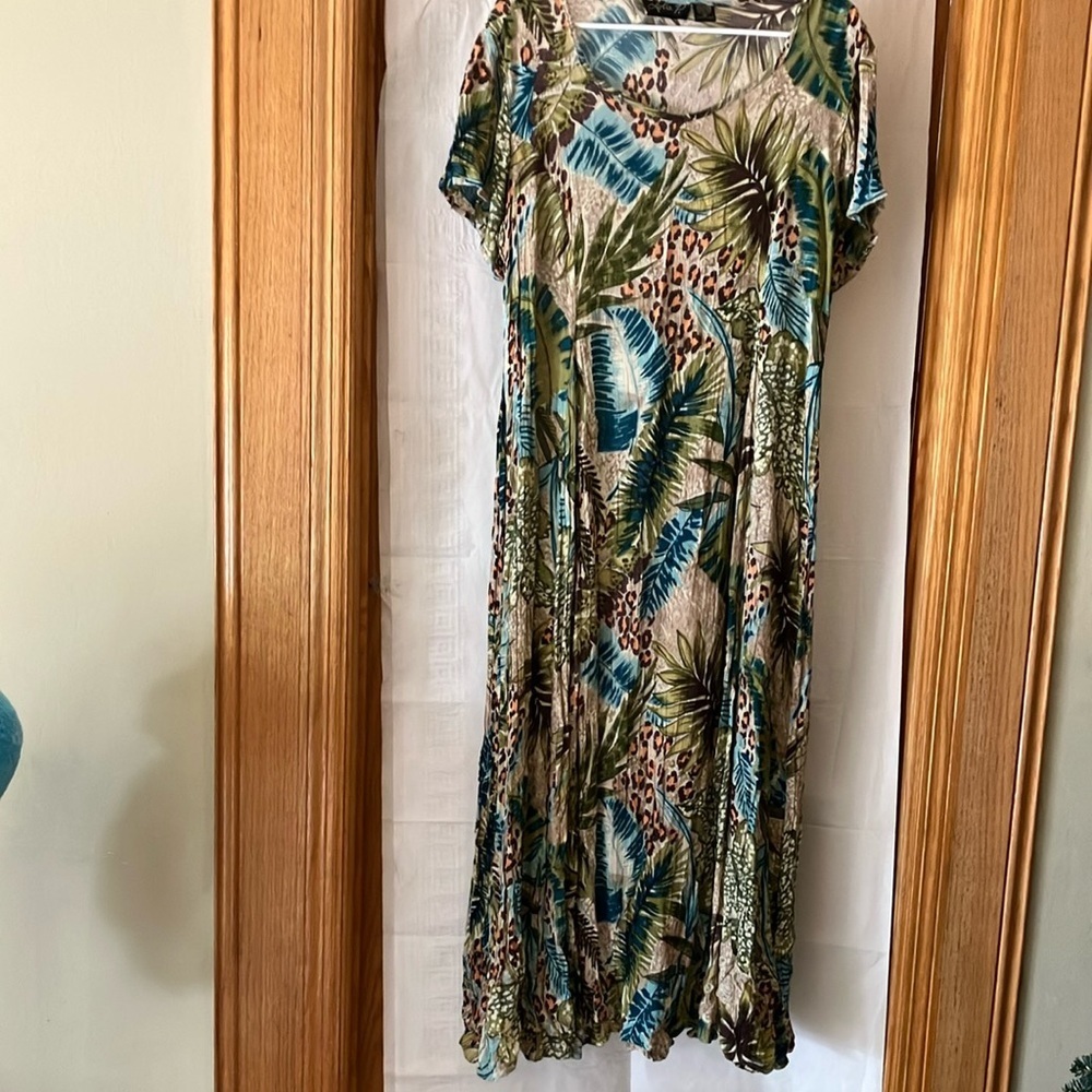 Lola P. Women’s Olive Multi Tropical Leaf & Leopard Print Sz M Maxi Dress